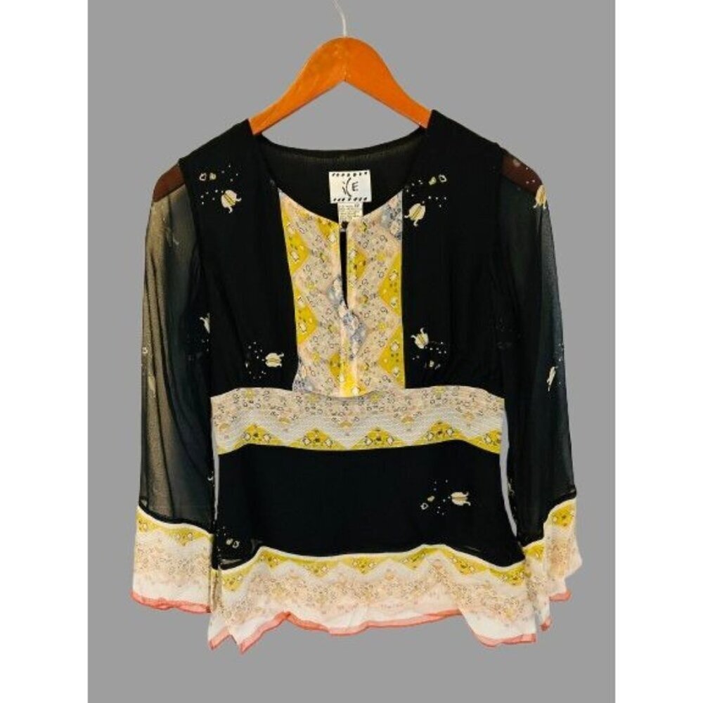 Ice Sheer Boho Black Yellow Tunic Blouse 100% Silk Made in Italy